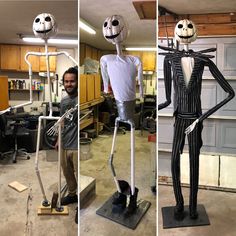 three different pictures of a man in a suit and skeleton costume standing next to a sculpture