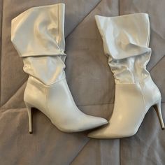 Brand New Never Worn White Heel Boots Size 6 1/2 Studed Boots, White High Heel Mid-calf Boots, White Ankle-high Boots With Contrasting Heel, White High Heel Mid-calf Boots Medium Width, White Heel Boots, Fitted White Mid-calf Boots With Reinforced Heel, White Ankle-high Boots With Sculpted Heel, Tall Brown Leather Boots, Black Leather Riding Boots