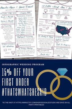 two wedding programs with the words, 20 % off your first order