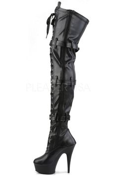 6" (15.2cm) Stiletto Heel 1 3/4" (4.5cm) Platform Lace-Up Front Stretch Thigh High Boot Featuring Triple Buckles & Full Inner Side Zipper - Fit Guide: True to Size - Heel Specifications: 6" Heel & 1 3/4" Platform - Country of Origin: Imported Emo Boots, Stretch Thigh High Boots, Vegan Heels, Pleaser Heels, Demonia Shoes, Pink Platforms, Pleaser Shoes, Black Platform Boots, Comfort Wear