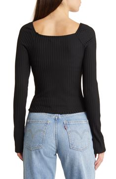 A long-sleeve, square-neck top in fancy ribbed fabric with a bit of sheen. 19 1/2" Length (Size Medium) Square neck Long sleeves 96% polyester, 4% elastane Machine wash, tumble dry Imported