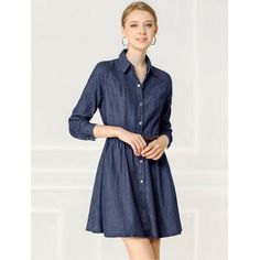 If you're looking for a versatile and stylish addition to your wardrobe, consider this timeless chambray dress. This button-down shirt dress features a flattering gathering around the waist and comes with a sleek PU belt, adding a feminine touch to your everyday look. You can pair it with knee-length boots or sneakers, and it's perfect for any occasion, including dates, weekends, parties, work, office, trips, and more. With its effortless style and comfortable fit, you'll love wearing it any day Holographic Dress, Shirt Dress Black, Chambray Shirt Dress, Womens Denim Dress, Denim Midi Dress, Button Down Shirt Dress, Mini Sundress, Denim Shirt Dress, Chambray Dress