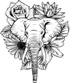 an elephant's head with flowers and leaves on its face, in black and white