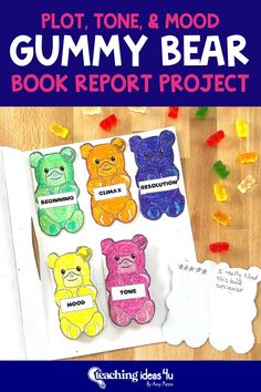 the gummy bear book report project is shown on a table with gummy bears