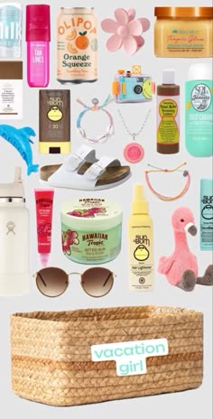 a collage of various items that include sun glasses, sunscreens and hair care products