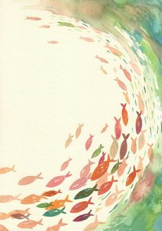 an abstract painting of many fish swimming in the ocean, with watercolor on paper