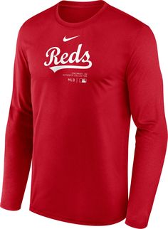 Design Long sleeve, ribbed crew neck Tagless collar Standard fit Style and Team Spirit Screen printed team graphics Additional Details Official MLB;&reg Authentic Collection fanwear Officially licensed product Baseball Season Jersey Crew Neck Tops, Jersey Crew Neck Tops For Baseball Season, Nike Crew Top With Letter Print, Red Team Logo Top For Baseball Season, Red Baseball Team Logo Tops, Red Tops With Team Logo For Baseball Season, Collegiate Long Sleeve Red T-shirt, University Red Crew Neck Top For Fan Gear, Red Collegiate Long Sleeve T-shirt