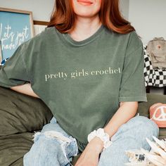 Get ready to be OBSESSED with your new yarn lover shirt. It's the cutest and most trendy way to emit all those important crafter vibes! This is the perfect crochet t-shirt! Great as a crochet & knitter gift! * Q U I C K * F A C T S * ✺ Made with 100% preshrunk cotton. ✺ Wash and dry normally (on cool for best results) ✺ The double-needle stitching throughout the tee makes it highly durable ✺ The lack of side-seams helps the shirt retain its tubular shape. * S I Z I N G * ✺ We have sizes availabl Cotton Crochet Lace Top With Short Sleeves, Green Crochet Crew Neck Top, Short Sleeve Cotton Crochet Shirt, Short Sleeve Crochet Cotton Shirt, Cotton Crochet Short Sleeve Shirt, Green Cotton Tops With Crochet Lace, Green Cotton Top With Crochet Lace, Casual Cotton Shirt With Crochet Details, Casual Cotton Crochet Shirt