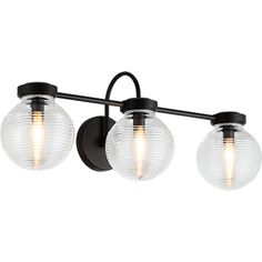 three light bathroom fixture with glass globes and black metal frame, on an isolated white background