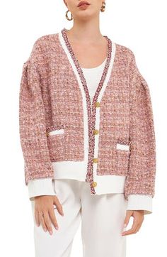 Chic Long Sleeve Tweed Cardigan, Casual Spring Tweed Cardigan, Tweed Cardigan, Rose Cardigan, Look Polished, Pink Tweed, Knitting Women Cardigan, Belted Cardigan, Pink Chanel