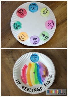 two paper plates with different designs on them and the words in feelings painted on them