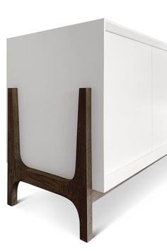 a white cabinet with wooden handles on it