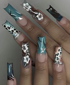 Summer Nails Tropical, Nails Hibiscus, Nails Leopard Print, Nails Turquoise, Hibiscus Nails, Nails Tropical, Nails Leopard, Acrylic Nail Designs Coffin, Aqua Nails