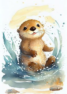 a watercolor painting of a sea otter sitting in the ocean with bubbles on it's back