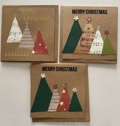 three christmas cards with trees and music notes on them, one is brown paper the other is green