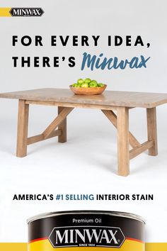 an advertisement for minwax showing a wooden table with apples on it and the words, for every idea, there's minwax