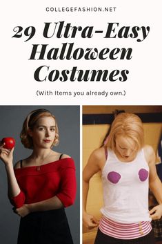 two photos with text that says, 29 ultra - easy halloween costumes with items you already own