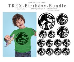 a young boy holding a toy dinosaur in front of a blue background with the words trx birthday bundle