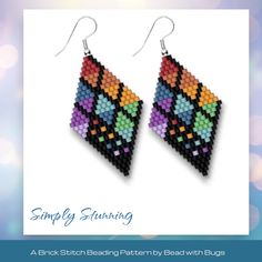 a pair of beaded earrings with colorful designs on it, and the words simply stunning