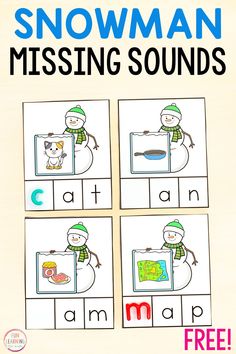 the snowman missing sounds game is shown with four pictures and one word to read