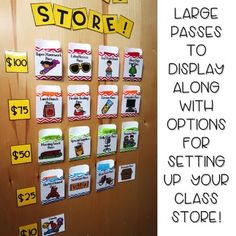 a bulletin board with lots of stickers on it that says, we store large passes to display with options for setting up your class store