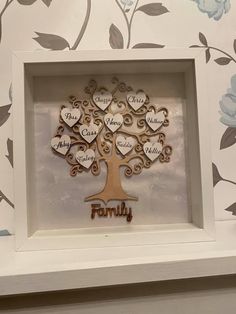 a family tree in a white frame on a wall