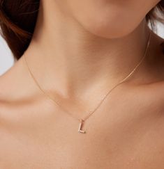 "14K SOLID WHITE GOLD DAINTY INITIAL NECKLACE WITH DIAMONDS Metal : 14K Solid Gold Necklace Length : 16 inches / 40cm Letter Height : 7mm Letter Width : 4.80mm Diamond : 9 Diamonds --- Nice White Color Sparkle Diamonds ---- G-H color SI2 clarity Total Carat: 0.08ct to 0.12cts (Depending on the letter) ---MADE IN USA--- ---All letters from A to Z are available. Please indicate your letter choice in the \"notes to seller\" section on the order. ---This is a beautiful 14K Solid White Gold Dainty In Letter L Necklace, Layering Diamond Necklaces, L Necklace, Letter Necklace Initials, Gold Bracelets Stacked, Dainty Initial Necklace, Diamond Initial Necklace, Gold Letter Necklace, Solid Gold Necklace