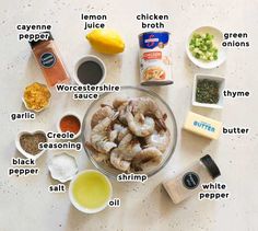 ingredients to make shrimp salad laid out on a table