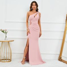 Sexy Rose Red Satin Evening Dress with Slit - Pleated Beaded Party Maxi Dress Shoulder Training, Satin Evening Dress, Party Maxi Dress, Satin Evening Dresses, Pleated Sleeves, Evening Dress Fashion, Asymmetrical Design, Party Dress Long, Red Satin