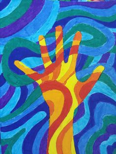 a painting of a hand reaching up into the air with colorful swirls around it