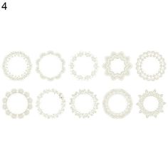 six pieces of white lacy doily on a white background, each with different shapes and sizes