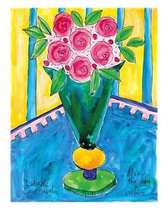 a painting of pink roses in a green vase on a table with blue and yellow background