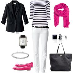 Contrast with bold accents. I love how the hot pink scarf brings the black-striped shirt to life:) Hot Pink Scarf, French Wardrobe, Mode Tips, Clothes And Accessories, White Pants, White Fashion, Look Chic, Look Fashion, Passion For Fashion