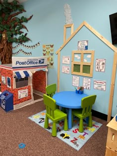 a child's playroom with toys and decorations on the walls, including a post office