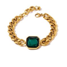 Luxurious green crystal chunky chain bracelet in golden metallic color. Add to any ensemble for a sophisticated and elegant look. Details Item Type: Fashion Bracelets Metal Type: Stainless Steel+Gold Plated Material: Crystal Length: 18.5+4.3cm Pendant Size: 21*21mm Elegant Green Chain Bracelet, Green Chain Bracelet Jewelry, Green Metal Chain Jewelry, Trendy Green Chain Bracelet As Gift, Trendy Green Chain Bracelet For Gift, Trendy Gold Metal Crystal Bracelet, Elegant Green Crystal Metal Bracelet, Trendy Green Chain Link Jewelry, Trendy Green Metal Bracelets