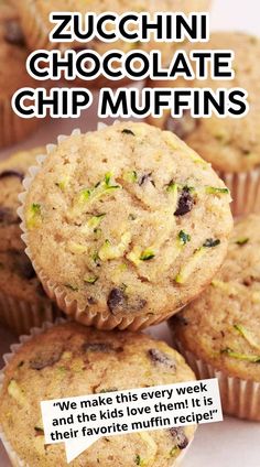 there are some muffins stacked on top of each other with the words zucchini chocolate chip muffins