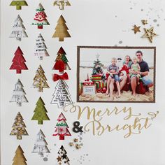 a family christmas card with gold foil trees and stars on the bottom, surrounded by confetti