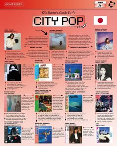 the city pop poster is shown with many different pictures and words on it's side