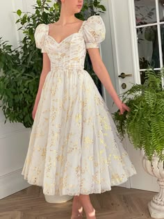 White Gilded Lily Tea Dress | Teuta Matoshi Puffy Sleeve Dress Formal Short, Top Draping, Print Prom Dress, Floral Print Prom Dress, Teuta Matoshi, Printed Prom Dresses, Tea Gown, Special Occasion Gowns, Simple Frocks