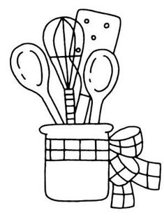 kitchen utensils in a pot with ribbon tied around the edges coloring page for kids