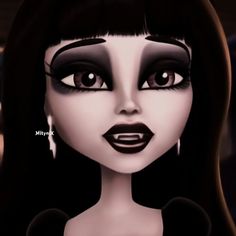 an animated image of a woman with black hair and white make - up on her face