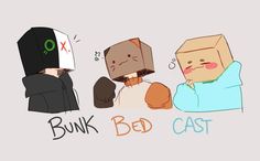 three cartoon characters with the words bunk bed cast in front of them, one is wearing a