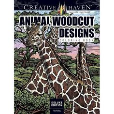 an animal woodcut designs coloring book with two giraffes standing next to each other