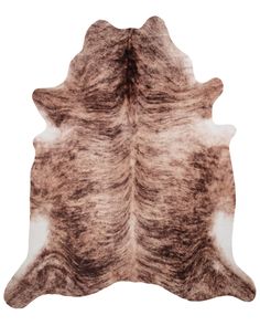 a brown and white cowhide rug on a white background