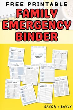 a family emergency binder with the text free printable on top and below it