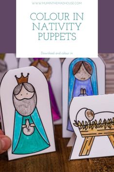 handmade nativity puppets with text overlay that reads, color in nativity puppets