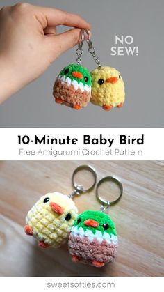 two crocheted keychains with the words 10 minute baby bird on them