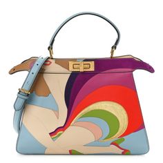 This is a stylish and authentic FENDI Vitello Seta Nappa Bi-Color Rainbow Girl Inlay Medium Peekaboo I SEE U Satchel in Azzurro Baby and Multicolor. This stylish bag is crafted of light blue calfskin leather with multicolor print. It features a colorful print, a leather strap, a Fendi turn lock and polished gold hardware. The top opens to a partitioned beige interior. Fendi Peekaboo Medium, Fendi Peekaboo Iseeu, Fendi Crossbody Bag, Fendi Peekaboo Bag, Fendi Logo Design, Fendi Store, Blue Leather Bag, Fendi Shoulder Bag, Fendi Peekaboo