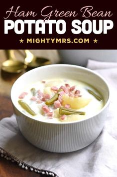 ham green bean potato soup in a white bowl