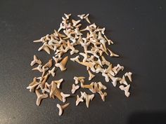 several small pieces of wood sitting on top of a black table next to each other